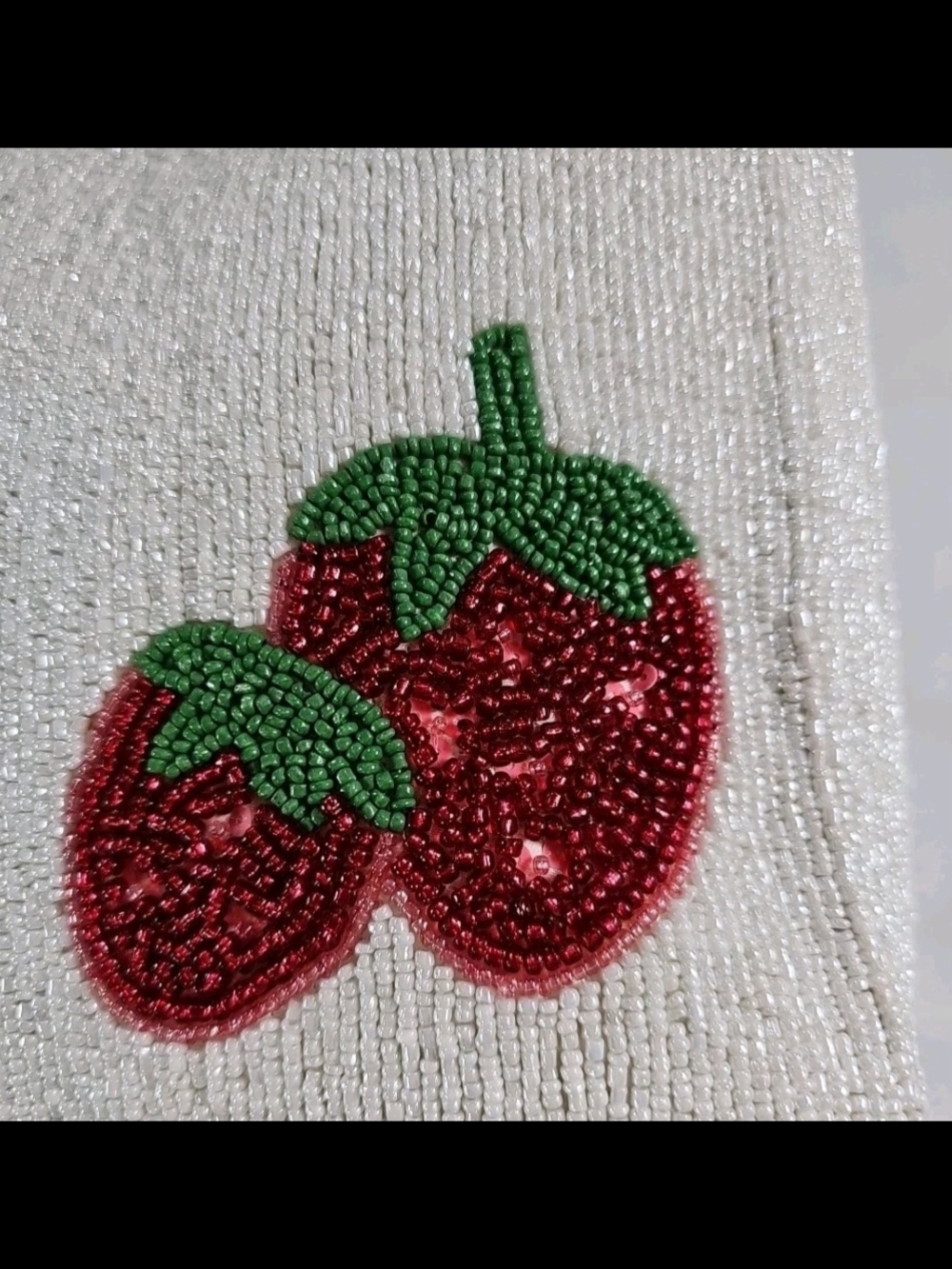 Beaded Strawberry Appliqué White Women’s Bag